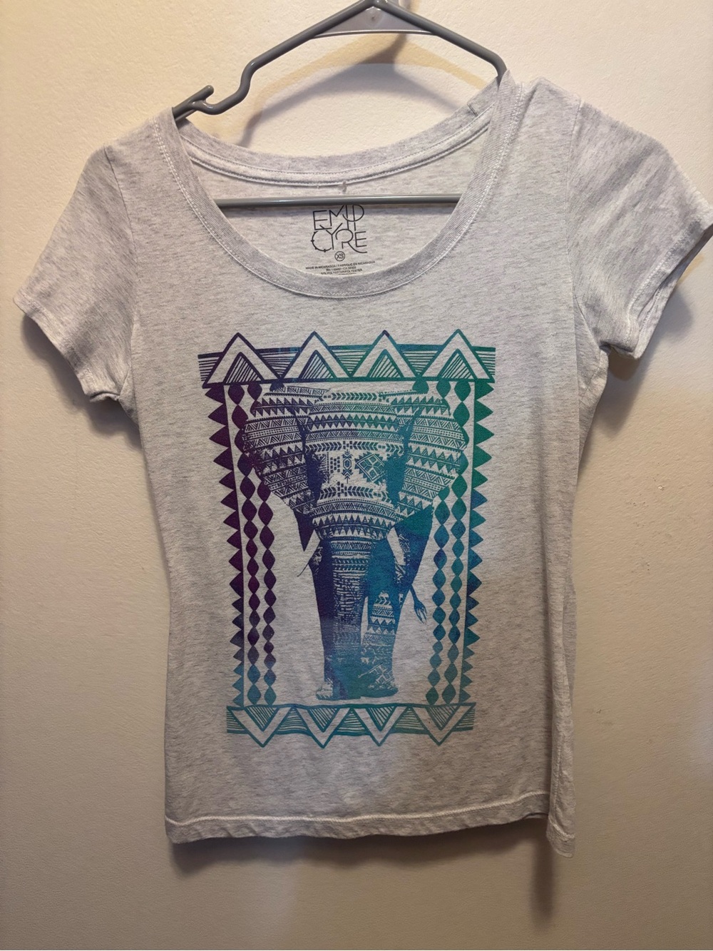 Empyre Light Gray Short Sleeve Tee with Teal and Purple Elephant Graphic